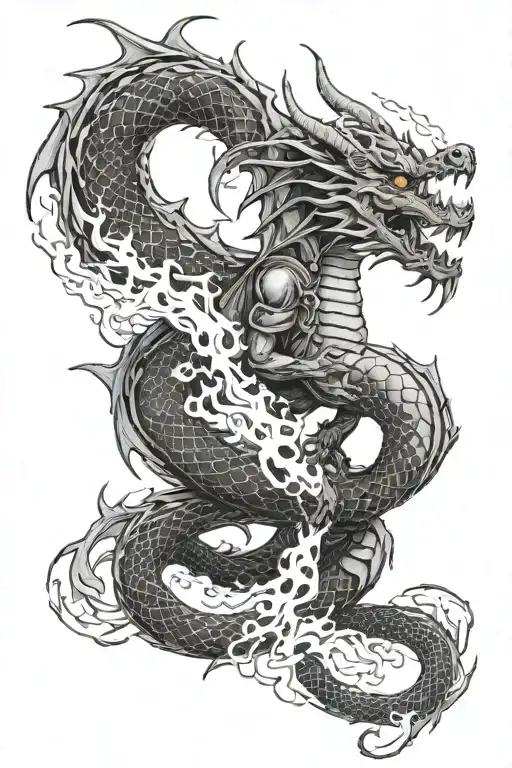 dragon breathing fire with hooded figure leg sleeve tattoo design idea