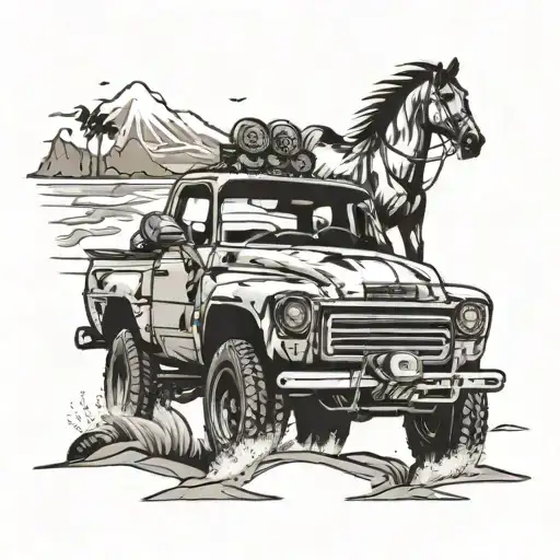 Combine elements of off-road racing baja with a beach scene, incorporating a Chevy old truck and a horse in the design tattoo design idea