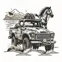 Combine elements of off-road racing baja with a beach scene, incorporating a Chevy old truck and a horse in the design tattoo design idea