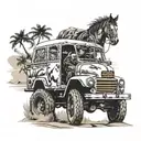 Combine elements of off-road racing baja with a beach scene, incorporating a Chevy old truck and a horse in the design tattoo design idea