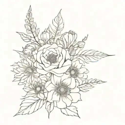 bouquet of flowers containing 2 asters, 3 marigolds, 1 poppy, 2 chrysanthemums, 1 violet, 1 rose, and 1 larkspur tattoo design idea