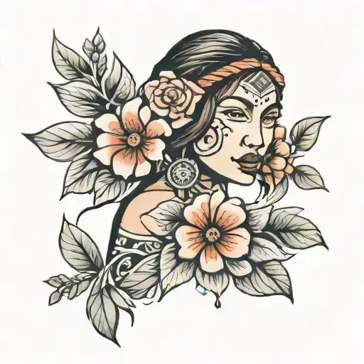 indigenous woman with flowers tattoo design idea