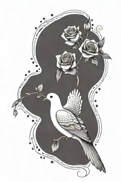 A stylized tattoo of a peaceful dove carrying a rose in its beak, symbolizing peace and love for God tattoo design idea
