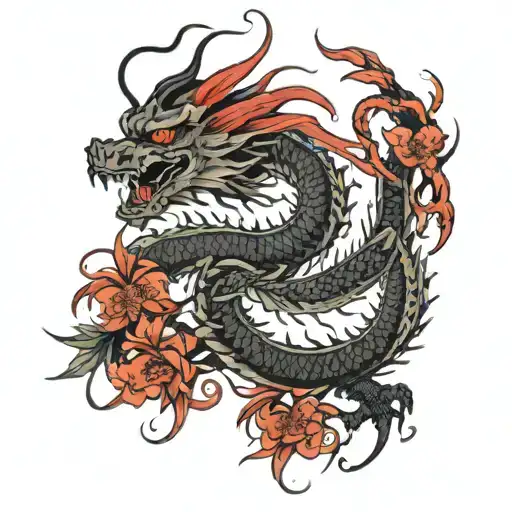 large japanese dragon spine tattoo with red spider lily flowers tattoo design idea