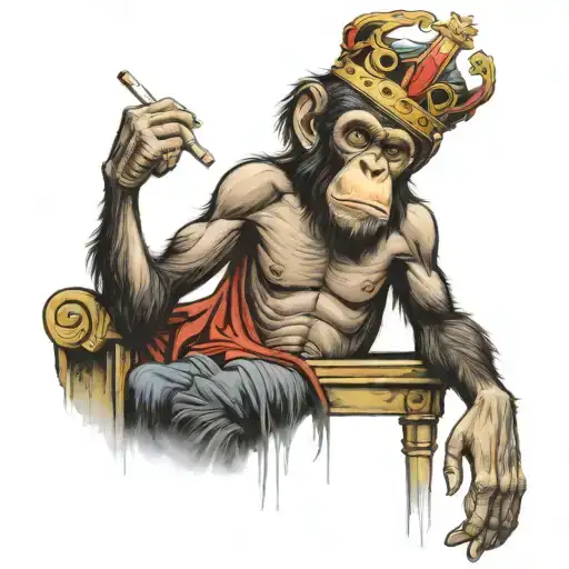 old muscled chimp sitting on a throne with a crown and a cigarette in his mouth tattoo design idea