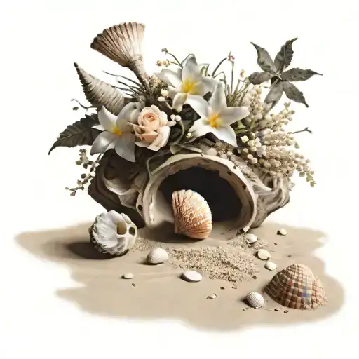 A beach scene with seashells scattered in the sand and flowers blooming in the background tattoo design idea