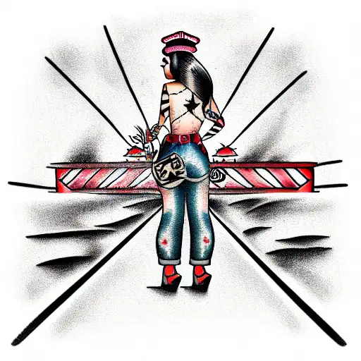 Girl on train tracks tattoo design idea