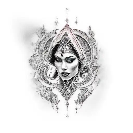 Create an intimidating arm sleeve tattoo featuring an beautiful alluring Godess, portrait, HDR, beautifully_sh tattoo design idea