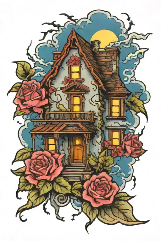 haunted house color clouds lightning roses  tattoo design idea