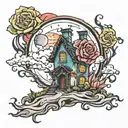 haunted house roses moon lightning color tattoo design idea