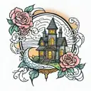 haunted house roses moon lightning color tattoo design idea