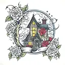 haunted house roses moon lightning color tattoo design idea