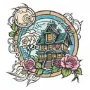 haunted house roses moon lightning color tattoo design idea