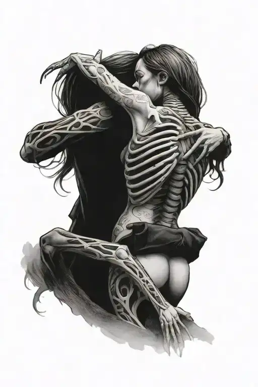 Skeleton standing hugging alive woman tattoo design idea