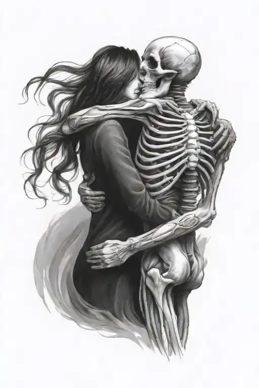 Skeleton standing hugging alive woman tattoo design idea
