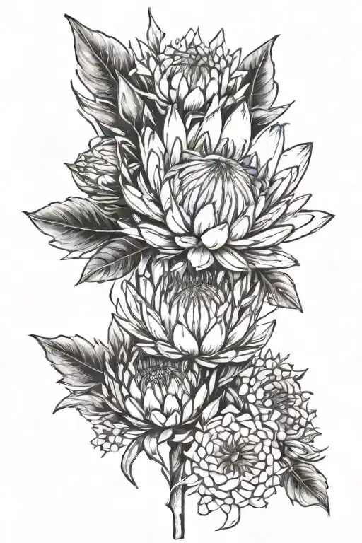 King protea, field flowers, dandelions  tattoo design idea