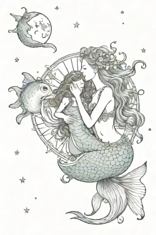 mother of sun and moon  with mermaid  tattoo design idea