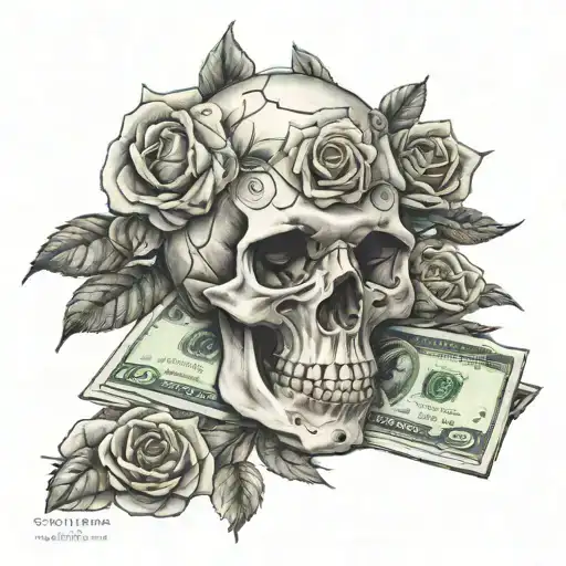 money rose with words skull on top and filigrifee for the back ground  tattoo design idea