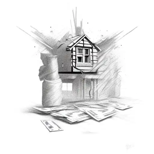 trap house with caution tape, hands holding cash, Glock  tattoo design idea