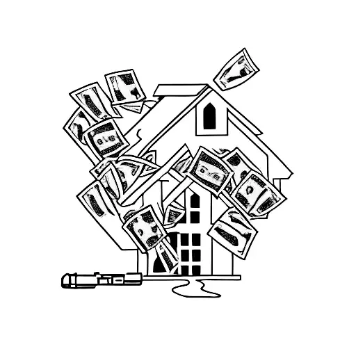 trap house with caution tape, hands holding cash, Glock  tattoo design idea