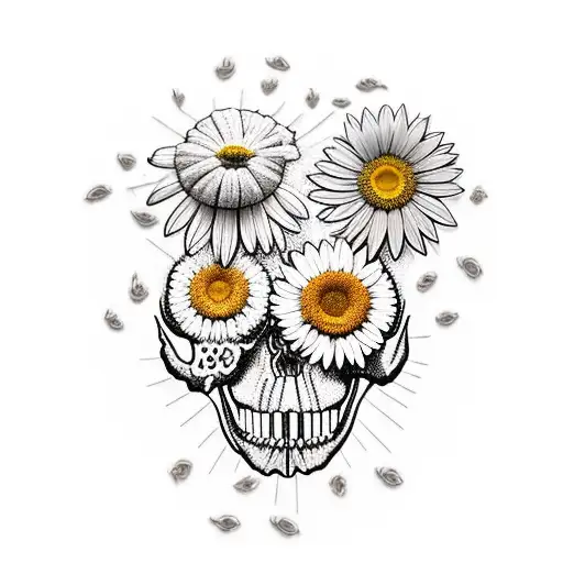 A field of daisies and sunflowers forming a skull shape tattoo design idea