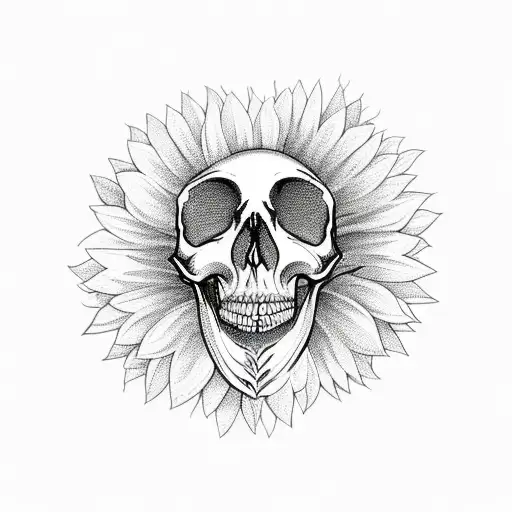 A field of daisies and sunflowers forming a skull shape tattoo design idea