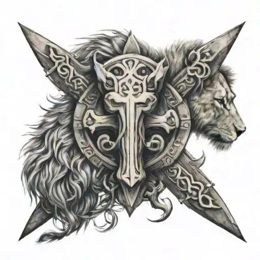 lionhead ankh cross jerusalem cross tantric circle  tattoo design idea