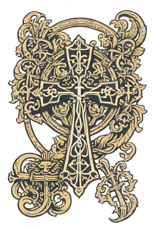 lion ankh cross jerusalem cross surrounded tattoo design idea