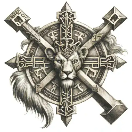 lionhead ankh cross jerusalem cross tantric circle  tattoo design idea