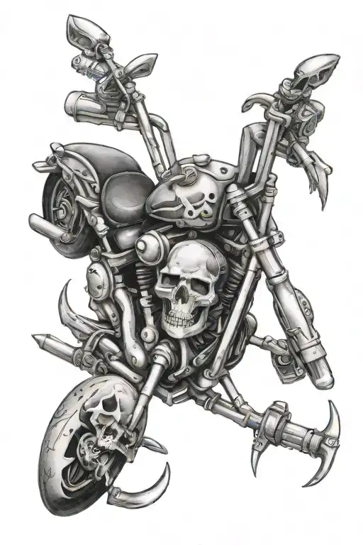 Harley motorcycle surrounded by skulls and knives arranged tattoo design idea