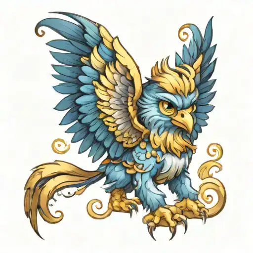 a mythical baby Griffin with golden feathers and blue eyes  tattoo design idea