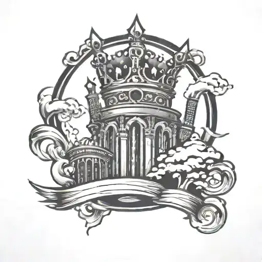 crown on top of Detroit skyline surrounded by smoke  tattoo design idea