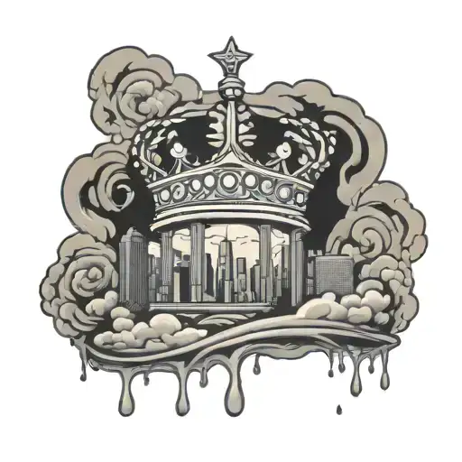 crown on top of a Detroit skyline surrounded by smoke   tattoo design idea