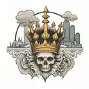crown on top of a Detroit skyline surrounded by smoke   tattoo design idea
