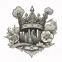 crown on top of a Detroit skyline surrounded by smoke   tattoo design idea