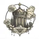 crown on top of a Detroit skyline surrounded by smoke   tattoo design idea