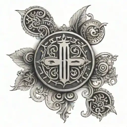 A tattoo design featuring symbolic elements related to the phrase 'Fiat iustitia, et pereat mundus' intertwined with intricate patterns tattoo design idea