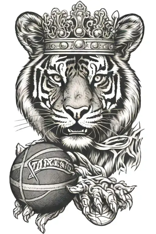 A tattoo of a tiger wearing a crown and holding a basketball, symbolizing the client's love for the Lakers and basketball tattoo design idea