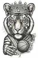 A tattoo of a tiger wearing a crown and holding a basketball, symbolizing the client's love for the Lakers and basketball tattoo design idea