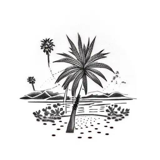 A dotwork tattoo of a desert oasis with palm trees and a tranquil pond tattoo design idea