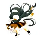 A realistic depiction of a calico cat playing with a spring cat toy, with its long hair flowing dynamically tattoo design idea