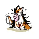 A realistic depiction of a calico cat playing with a spring cat toy, with its long hair flowing dynamically tattoo design idea