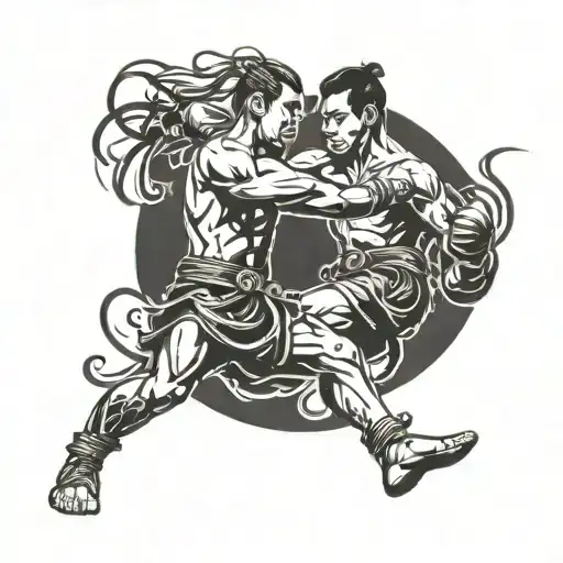 A fierce Muay Thai warrior in action, showcasing powerful kicks and punches tattoo design idea
