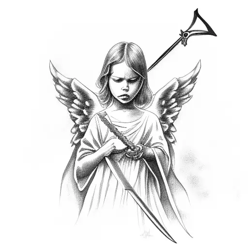 Angel with sword, bible quote, shading tattoo design idea