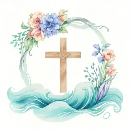 blanket cross with watercolor crashing waves on the left side, and realistic floral on the right side  tattoo design idea