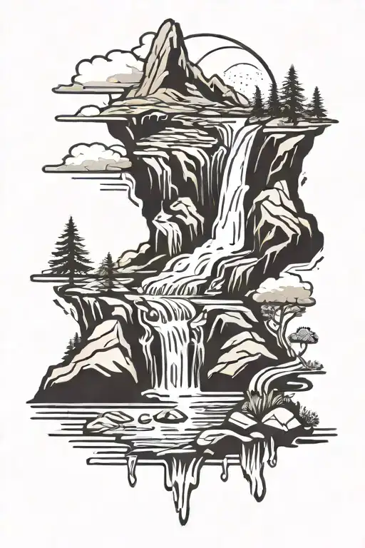 waterfall, mountains, foot print tattoo design idea