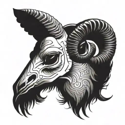 Ram skull with a falcon on the horn skull tattoo design idea