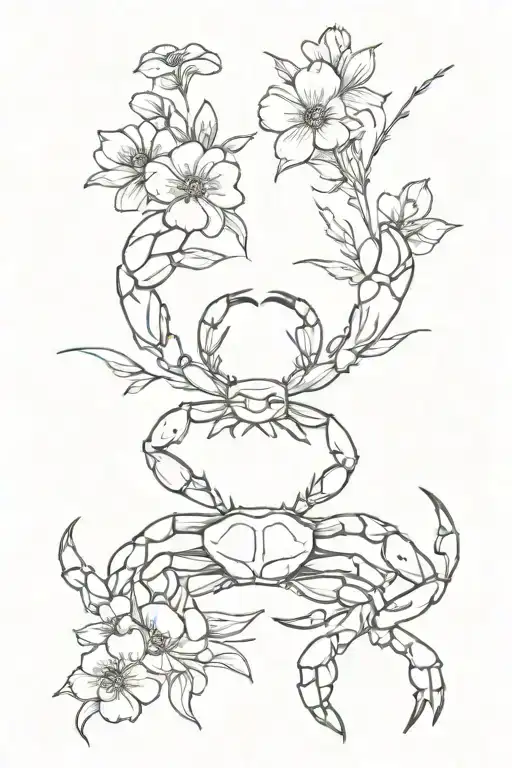 crab holding a gun in one claw and flowers in the other claw  tattoo design idea