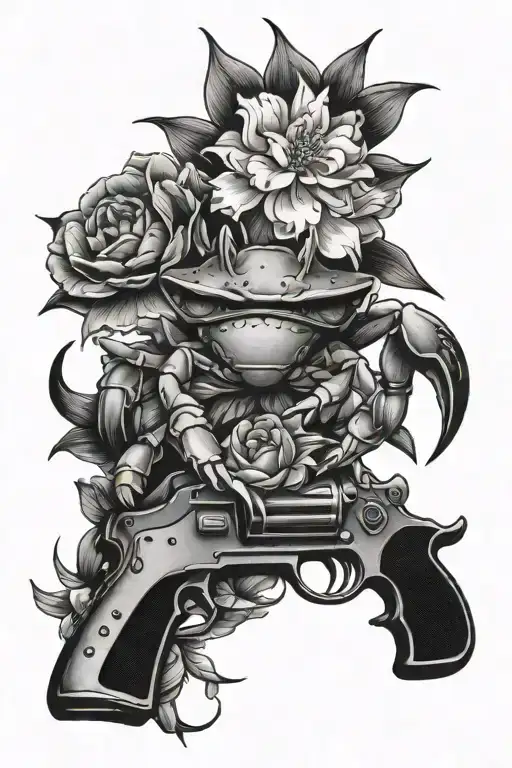 crab holding a gun in one and flowers in the other tattoo design idea