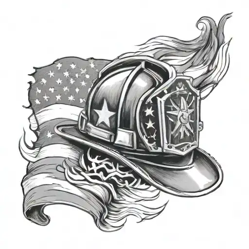 realism firefighter helmet with torn wavy American flag behind and smoke  tattoo design idea